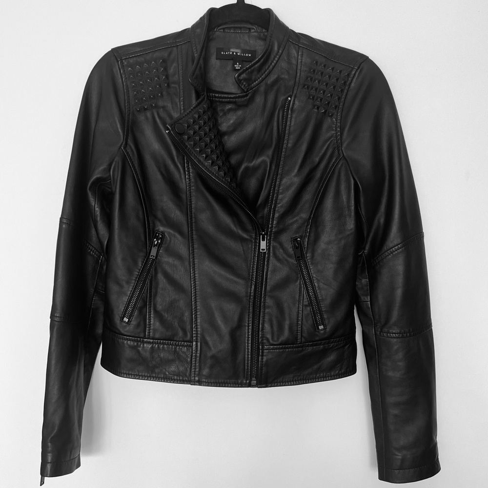 Slate & Willow Embossed Studs Moto Black 100% Leather Jacket Zipper Pockets XS/S - Picture 7 of 16